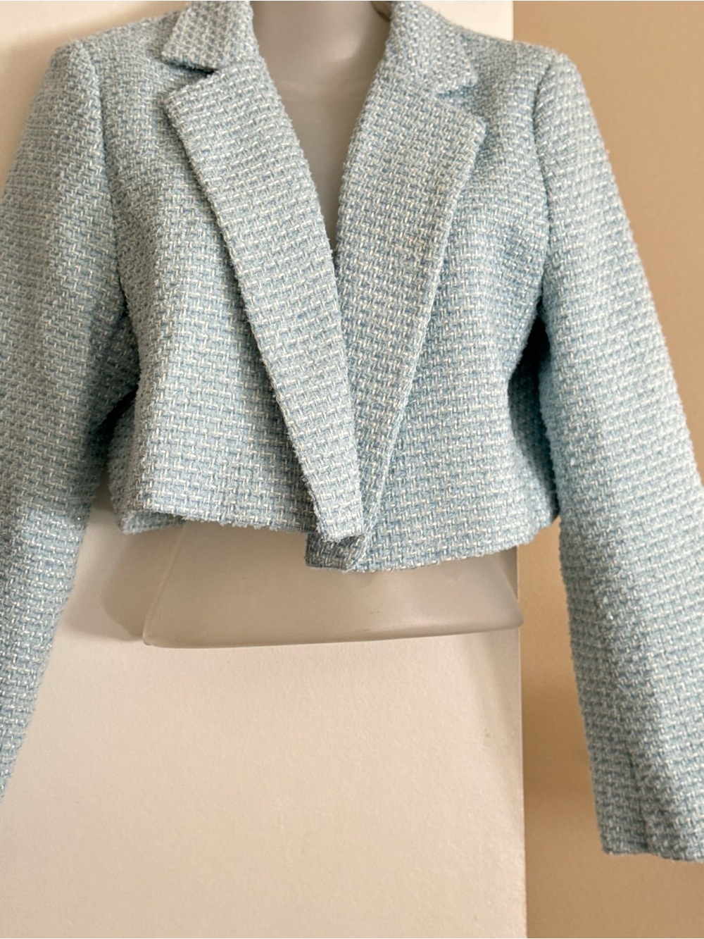 SHEIN Cropped Tweed Blazer in Light Blue